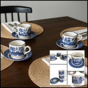 3 Vintage Churchill England Blue Willow Ironstone Oriental Tea Cup Saucer Set